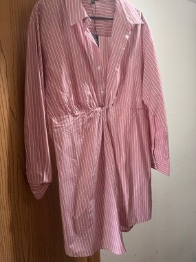 Fashion Nova Red and White Pinstripe Shirt Dress
